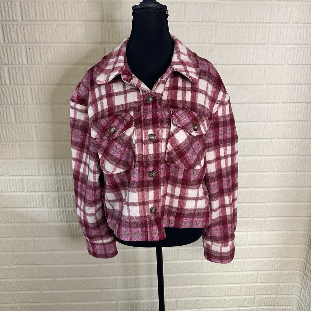 Bagatelle Collection NY Jacket Women L Plaid Cropped Pink‎ Red Cropped Flannel